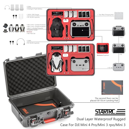 STARTRC Dual Layer Hard Case for DJI Mini 4 Pro Waterproof Pressure Resistant Carrying Case for DJI Mini 4 Pro/Mini 3 pro/Mini 3 Accessories - Fits For DJI RC 2/RC-N2 Controller,Battery Charger Hub