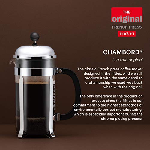 Bodum 34oz Chambord French Press Coffee Maker, High-Heat Borosilicate Glass, Stainless Steel, Black – Made in Portugal