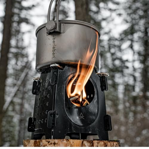 überleben Stöker Wood Burning Camp Stove - Stainless Steel Portable Wood Stove for Camping, Backpacking, & Hiking - 18oz Folding Camping Stove - Small Wood Stove Camping Essentials (Carbon Black)