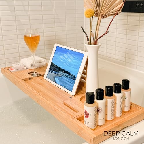 Deep Calm Bathtub Tray Caddy - Bamboo Foldable Bath Tub Table, Expandable Bath Tray Holds All Bathtub Accessories, Perfect Luxury Relaxing Gift for Self Care