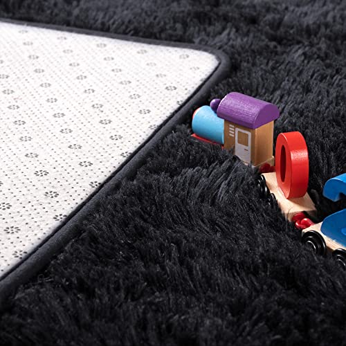 Noahas Fluffy Bedroom Rug Carpet,4x5.3 Feet Shaggy Fuzzy Rugs for Bedroom,Soft Rug for Kids Room,Plush Nursery Rug for Baby,Thick Black Area Rugs for Living Room,Cute Room Decor for Girls Boys