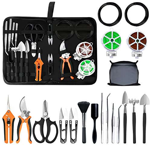 Bonsai Tools Set, 20 Pcs Gardening Succulent Tree Indoor Beginner Tool Kit, Include 262 Feet Bonsai Wire, 29.5"x29.5" Plant Repotting Mat, Leather Bag, Bonsai Scissors, Pruning Shears, Gifts for Women