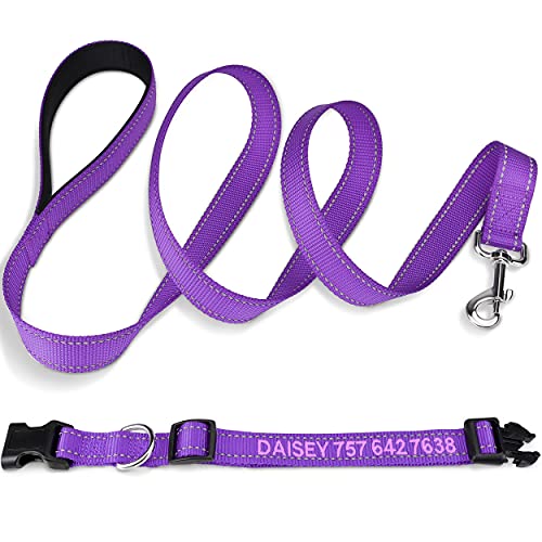 TagME Personalized Dog Collar and Leash Set, Embroidered Dog Collars and Double-Sided Reflective 5FT Dog Leash for Medium, Purple