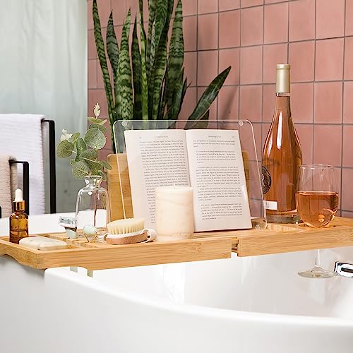 Luxe Lily Holds Your Book Open – Extendable Wooden Bathtub Tray Keeps Your Book Open While Protecting from Drips and Splashes - Perfect Bath Tub Tray for Reading and Relaxing in The Bathtub