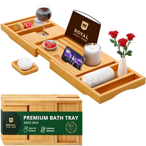 ROYAL CRAFT WOOD Premium Foldable Bathtub Tray - Expandable Bath Tray for Tub - Unique House Warming Bath Tub Tray Wood - Luxury Bathtub & Bathroom Accessories for New Home, Relaxing Spa, Women