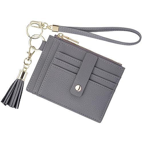 New Fashion Kingdom Wristlet Keychain Wallet for Women Slim Rfid Blocking Credit Card Holder Wristlet Zip Id Case Wallet Small Compact Leather Wallet Coin Purse for Women (Gray)