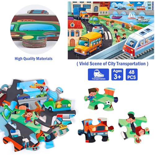 Jumbo Floor Puzzle for Kids,City Transportation Jigsaw Large Puzzles,48 Piece City Life Vehicle Puzzle for Toddler Ages 3-5,Children Learning Preschool Educational Toys,Gift for 4-8 Years Old