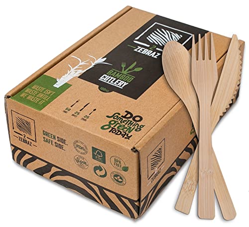 2ZEBRAZ 100% Bamboo Cutlery Set of 100 pc - 50 Forks, 25 Knives, 25 Spoons, Smooth Reusable Bamboo Silverware, Compostable and Durable Disposable Utensils, Eco-Friendly Flatware in Premium Box