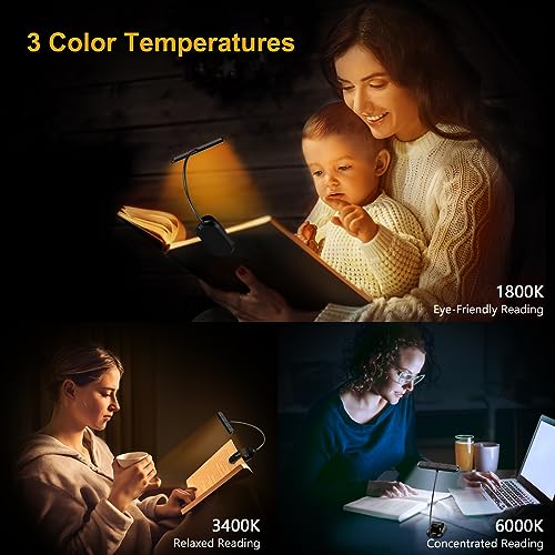 Gritin Rechargeable Book Light for Reading in Bed with 19 LED &Memory Function-Eye Caring 3 Color Temperatures,5 Brightness Levels,80 Hrs Runtime Flexible Goose Neck Clip on Book Light for Book Lovers