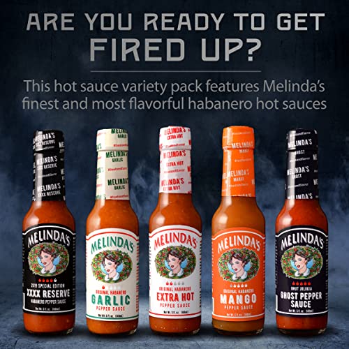 Melinda’s Hot Sauce Variety Pack - Extra Spicy Gourmet Hot Sauce Gift Set with Variety of Heat Levels - Includes XXXXtra Reserve, Garlic Habanero, Extra Hot, Mango, Ghost Pepper- 5 oz, 5 Pack