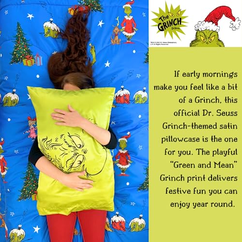 Franco Collectibles Grinch by Dr. Seuss Holiday Beauty Silky Satin Standard Reversible Pillowcase Cover 20x30 for Hair and Skin, (Officially Licensed Product)