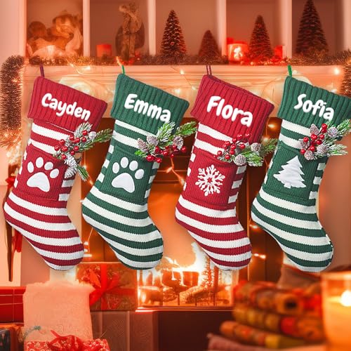 MyeMbe Personalized Knitted Christmas Stocking with Name, Christmas Trees Snowflake Paw Custom Needlepoint Stockings Set, Embroidery Customized Keepsake Christmas Holiday Decorations for Family