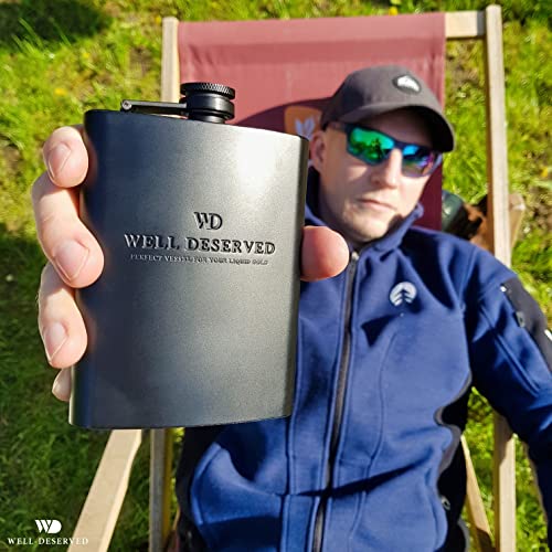 Matte Black Flask 8 oz + Black Funnel + Black Canvas Pouch. Gift Set, Classy Packaging. Engraved Well-Deserved. Stainless Steel Hip Flask For Liquor For Men