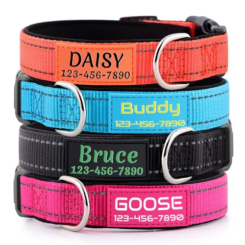 Personalized Dog Collars Custom with Pet Name and Phone Number, Soft Neoprene Padded Reflective Nylon Collar, 4 Adjustable Sizes - for Boy, Girl Dogs