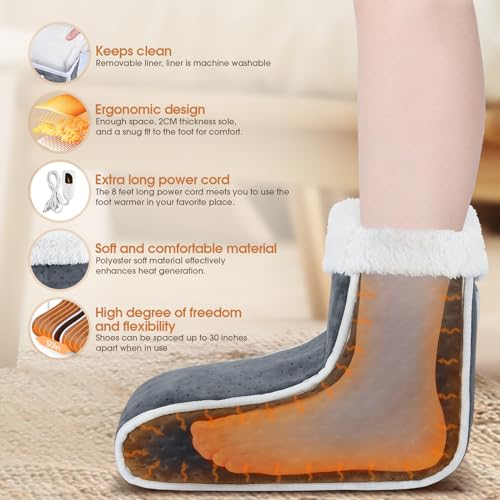 Split Electric Foot Warmer, Quick Heating Pad for Feet, 6-Level Heated Slippers for Men Women, Soft Heated Boots, Feet Warmer with Detachable Washable Liner for Home, Office, Christmas