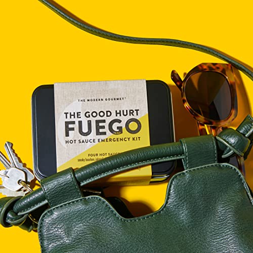 The Good Hurt Fuego by Thoughtfully, Emergency Kit Hot Sauce Gift Set, Flavors Include Smoky Bourbon, Jalapeno Lime, Mango Habanero, and Garlic Herb, Set of 4