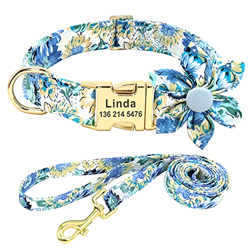 Beirui Personalized Female Dog Collar and Leash Set for Girl Dogs - Custom Pet Dog Collar with Flower for Small Medium Large Dogs - Soft Floral Engraved Collar with Matching Leash (Blue, S)