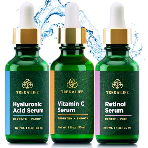 Tree of Life Facial Skin Care Set, Brightening, Firming, Hydrating, Dry Face, Dermatologist Tested - Trio Power Kit, Vitamin C, Retinol and Hyaluronic Acid, 3 count of 1 Fl Oz