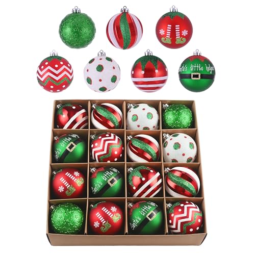 Valery Madelyn Christmas Ornaments Tree Decorations, 16ct Elf Red Green White Shatterproof Christmas Ball Ornaments Set, 3.15 Inch Decorative Hanging Ornament Bulk for Xmas Holiday Party Decor