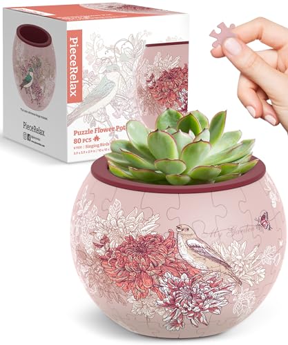 PieceRelax 3D Puzzle Planter - Singing Birds and Flowers - Small Round Plant Pots with Drainage, Home Decor Flower Pots for Indoor Cactus, Succulents Pots [K1100]