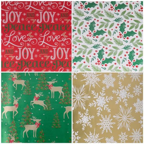 JAMPaper Assorted Gift Wrap - Christmas Foil Wrapping Paper - 100 Sq Ft Total - Elegant Merry Christmas Reindeer Set - 4 Rolls/Pack