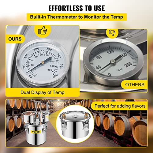 VEVOR Alcohol Still 5 Gal 19L Water Alcohol Distiller Copper Tube With Circulating Pump Home Brewing Kit Build-in Thermometer for DIY Whisky Wine Brandy, Stainless Steel, 3 Pots