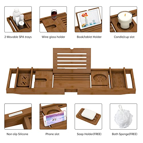 Bamboo Bathtub Tray Bath Tub Caddy with Expandable Handles Wine Glass Phone Holder Book Stand for Bathroom Luxury Spa Wooden Bath Table Board for Reading Laptop Over The Clawfoot tub (Walnut)