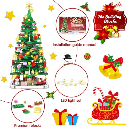 Advent Calendar 2024 Christmas Tree Building Toy Set with LED light, 1102 Pieces Christmas Countdown Calendar, 24 Days Building Block for Kids Adult Creative Gifts for Adults Teens Girls Ages 8+