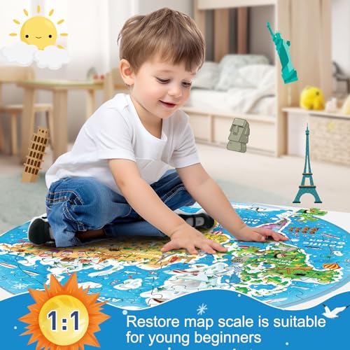 World Map Round Jigsaw Puzzles,Geography Floor Puzzle for Kids,Large 70 Piece Puzzle for Toddler Ages 3-5,Preschool Learning Educational Christmas Birthday Gift Gift for 4-8 Years Old Boy Girl