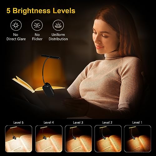 Gritin Rechargeable Book Light for Reading in Bed with 19 LED &Memory Function-Eye Caring 3 Color Temperatures,5 Brightness Levels,80 Hrs Runtime Flexible Goose Neck Clip on Book Light for Book Lovers