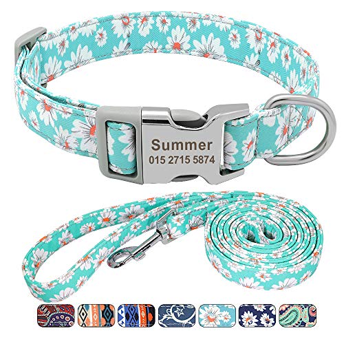 Beirui Floral Dog Collars and Leashes for Small Medium Large Dogs, Soft Ethnic Style Personalized Dog Collars with Name Plate Engraved, M(3/4" Wide,Neck fit 10-16.5") & 5FT Leash