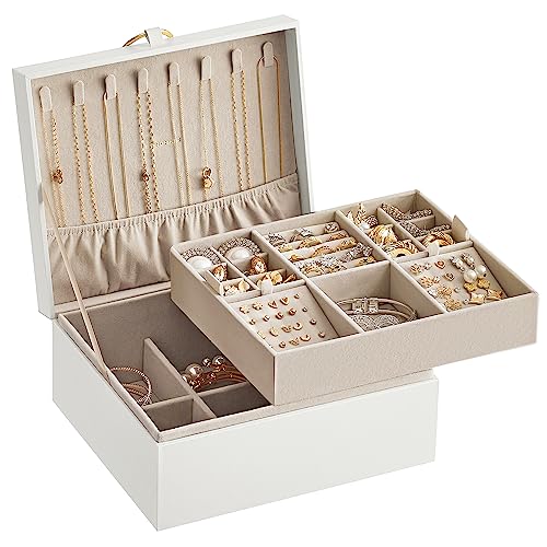 SONGMICS 2-Layer Jewelry Box, Jewelry Organizer with Handle, Removable Jewelry Tray, Jewelry Storage, Floating Effect, 8.1 x 9.4 x 4.3 Inches, Gift Idea, White UJBC165W01