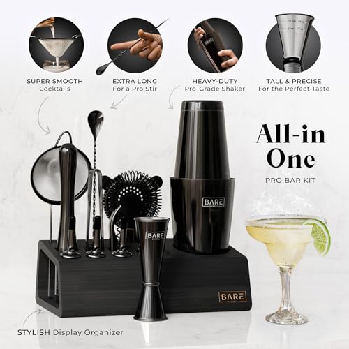 BARE BARREL® Mixology Bartender Kit Bar Set | 14-Piece Cocktail Shaker Set | Martini Barware Mixing Tools for Home Bartending | Incl. 35 Recipe Cards | Gift Set (28oz Boston Shaker, Jet Black/Black)