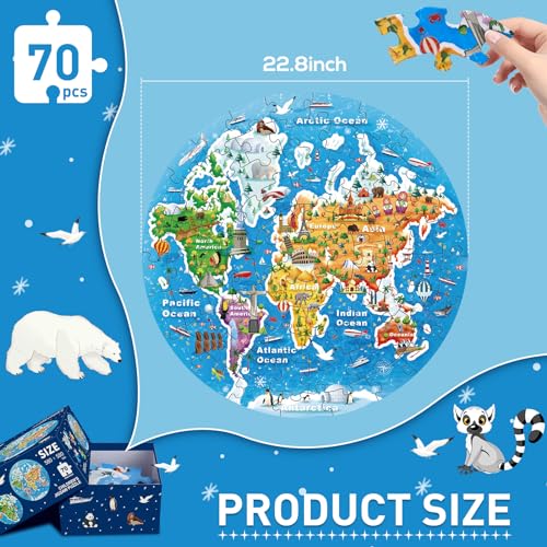 World Map Round Jigsaw Puzzles,Geography Floor Puzzle for Kids,Large 70 Piece Puzzle for Toddler Ages 3-5,Preschool Learning Educational Christmas Birthday Gift Gift for 4-8 Years Old Boy Girl