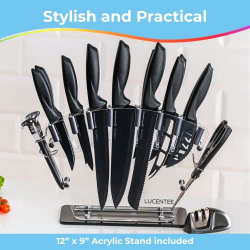 LUCENTEE - 17pc Kitchen Knife Set, Kitchen Gadgets with Steak Knives, Carving Knives for Kitchen, Chef Knife Set, Black Knife Set, Ultra-Sharp Ergonomic Knife Set, Scissors, Peeler and Knife Sharpener