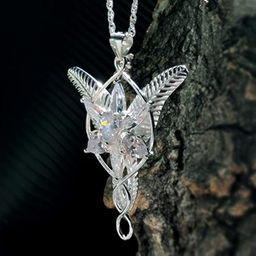 bahamut 925 Sterling Silver LOTR Arwen Evenstar Pendant Necklace with 5A Cubic Zirconia, Princess of the Elves Jewelry for Women (Silver)