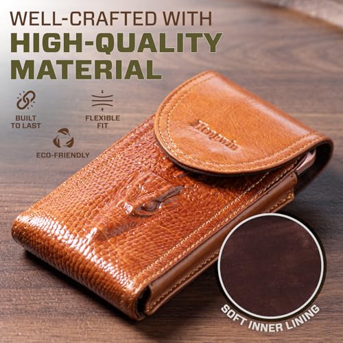 Hengwin Genuine Leather Phone Holster Fits for iPhone 15 Plus 14 Pro Max Samsung Galaxy A55 A15 A25 Note 9 8 S23+ S22+ S21 FE S20 Ultra Holster Waist Pouch Belt Clip Case Cell Phone Holder (Brown)