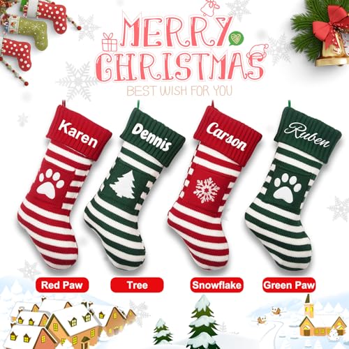 MyeMbe Personalized Knitted Christmas Stocking with Name, Christmas Trees Snowflake Paw Custom Needlepoint Stockings Set, Embroidery Customized Keepsake Christmas Holiday Decorations for Family