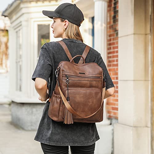 CLUCI Backpack Purse for Women Large Womens Backpack Leather Travel Backpack Fashion Backpack Purse Designer Ladies Shoulder Bags with Tassel Two-toned Brown