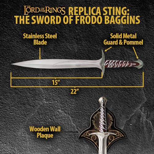 UNITED CUTLERY The Lord of The Rings Sting Sword of Frodo Baggins | Officially Licensed Replica | Engraved Stainless Steel Blade | Includes Wall Plaque | Collectible | Length 22"