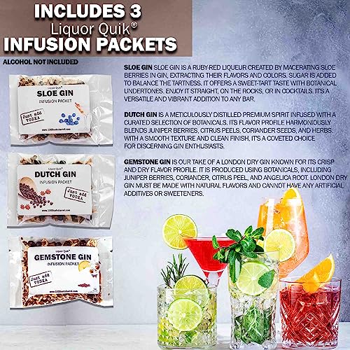 Liquor Quik Gin Infusion Kit - Complete DIY Gin Making Kit Complete w/ 450ml Glass Infuser Vessel & 3 Craft Infusing Flavor Packets - Alcohol Gifts for Him, Mixology Cocktail Bar Accessories