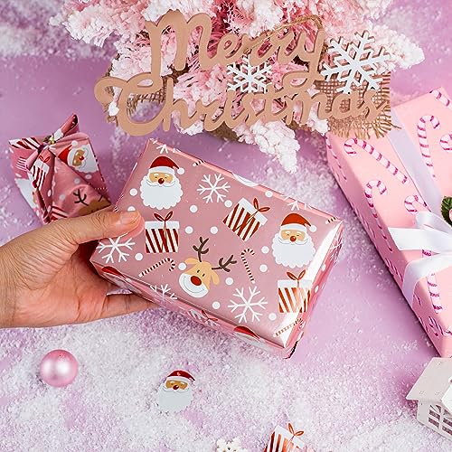 LeZakaa Reversible Christmas Wrapping Paper Roll - Metallic Foil with Santa Claus & Candy Cane in Pink - 17 inches x 32.8 Feet (46.45 sq.ft.)