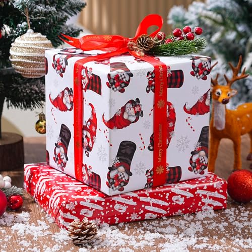 ZINTBIAL Christmas Wrapping Paper for Kids Adults - Xmas Wrapping Paper with Red/Black Plaid, Reindeer, Gnome, “Ho Ho” Words - 28 x 40 Inches, 6 Jumbo Sheets, Easy to Store