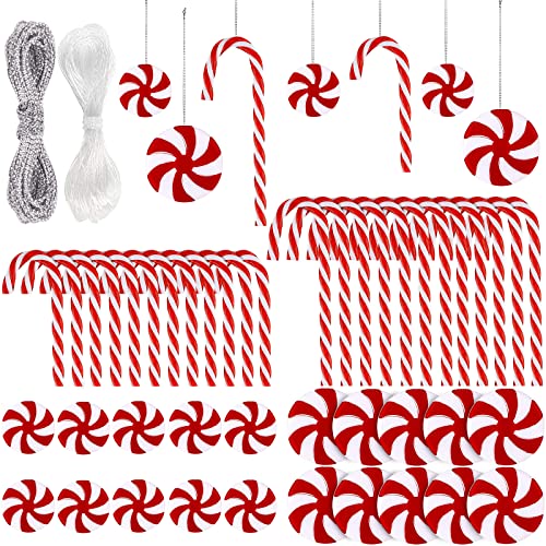 XIMISHOP 48PCS Christmas Candy Cane Hanging Ornaments Candy Lollipop Christmas Tree Decorations Plastic Twisted Crutch Ornaments for Xmas Crafts Indoor Outdoor Decor (Red and White)