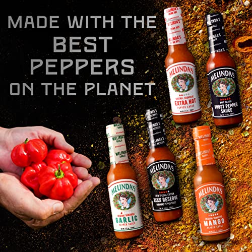 Melinda’s Hot Sauce Variety Pack - Extra Spicy Gourmet Hot Sauce Gift Set with Variety of Heat Levels - Includes XXXXtra Reserve, Garlic Habanero, Extra Hot, Mango, Ghost Pepper- 5 oz, 5 Pack