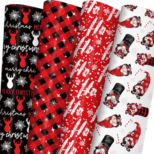 ZINTBIAL Christmas Wrapping Paper for Kids Adults - Xmas Wrapping Paper with Red/Black Plaid, Reindeer, Gnome, “Ho Ho” Words - 28 x 40 Inches, 6 Jumbo Sheets, Easy to Store