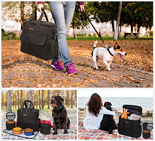 Modoker Dog Travel Bag Dog Travel Kit for a Weekend Away Set Includes Pet Travel Bag Organizer for Accessories, 2 Collapsible Dog Bowls, 2 Travel Dog Food Container (Black)