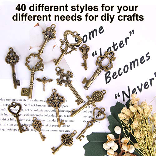 SANNIX Set of 40 Flying Keys Charms, 40PCS Dragonfly Wings 40 DIY Vintage Skeleton Key and Elastic Crystal String for Wedding Party Decorations