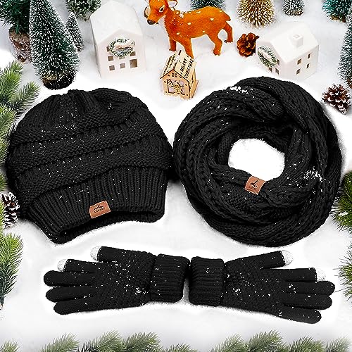 Winter Beanie Hat Scarf Gloves, Warm Fleece Knit Winter Hats Touch Screen Gloves Neck Scarf Set Winter Gifts for Unisex Adult Black