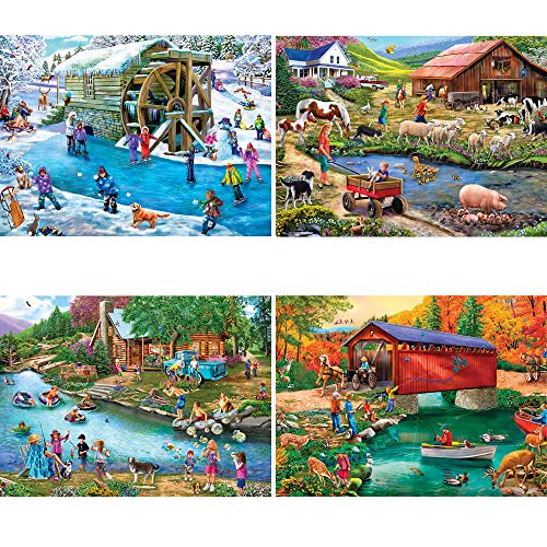 Bits and Pieces – 4-in-1 Multi-Pack - 1000 Piece Jigsaw Puzzles for Adults – 1000 pc River Escapades Puzzle Set Bundle by Artist Mary Thompson - 20" x 27"